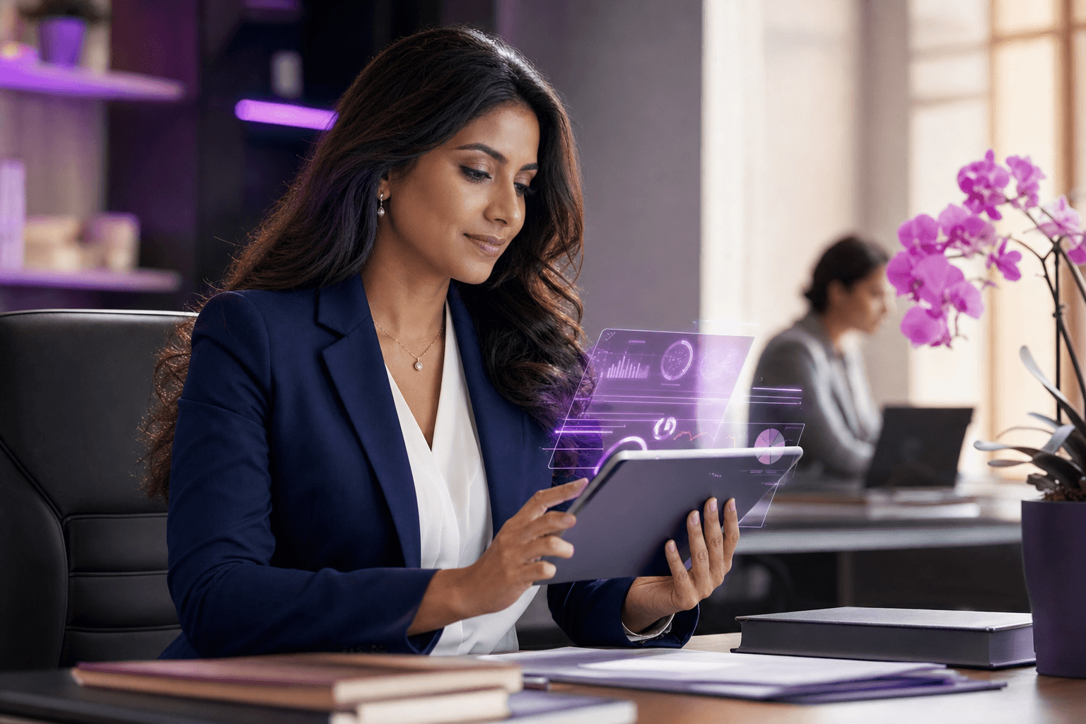 Criminal defence professional using Orchid AI on a tablet in a modern law office