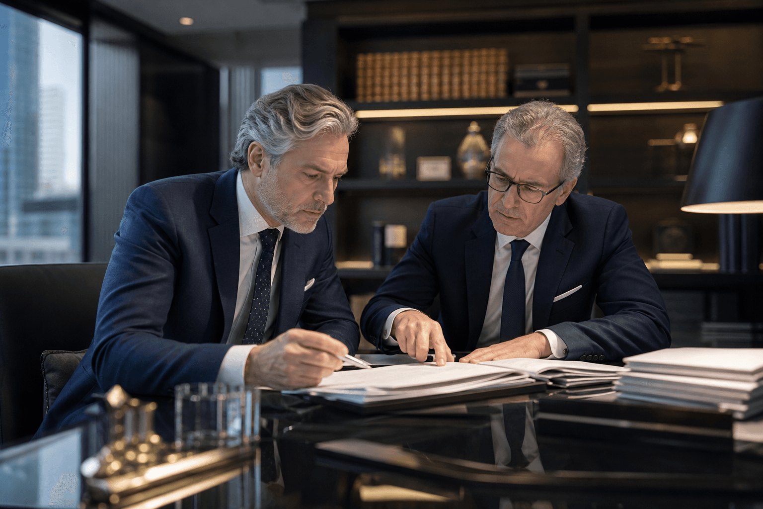 Criminal defence solicitors reviewing case files in a modern law office